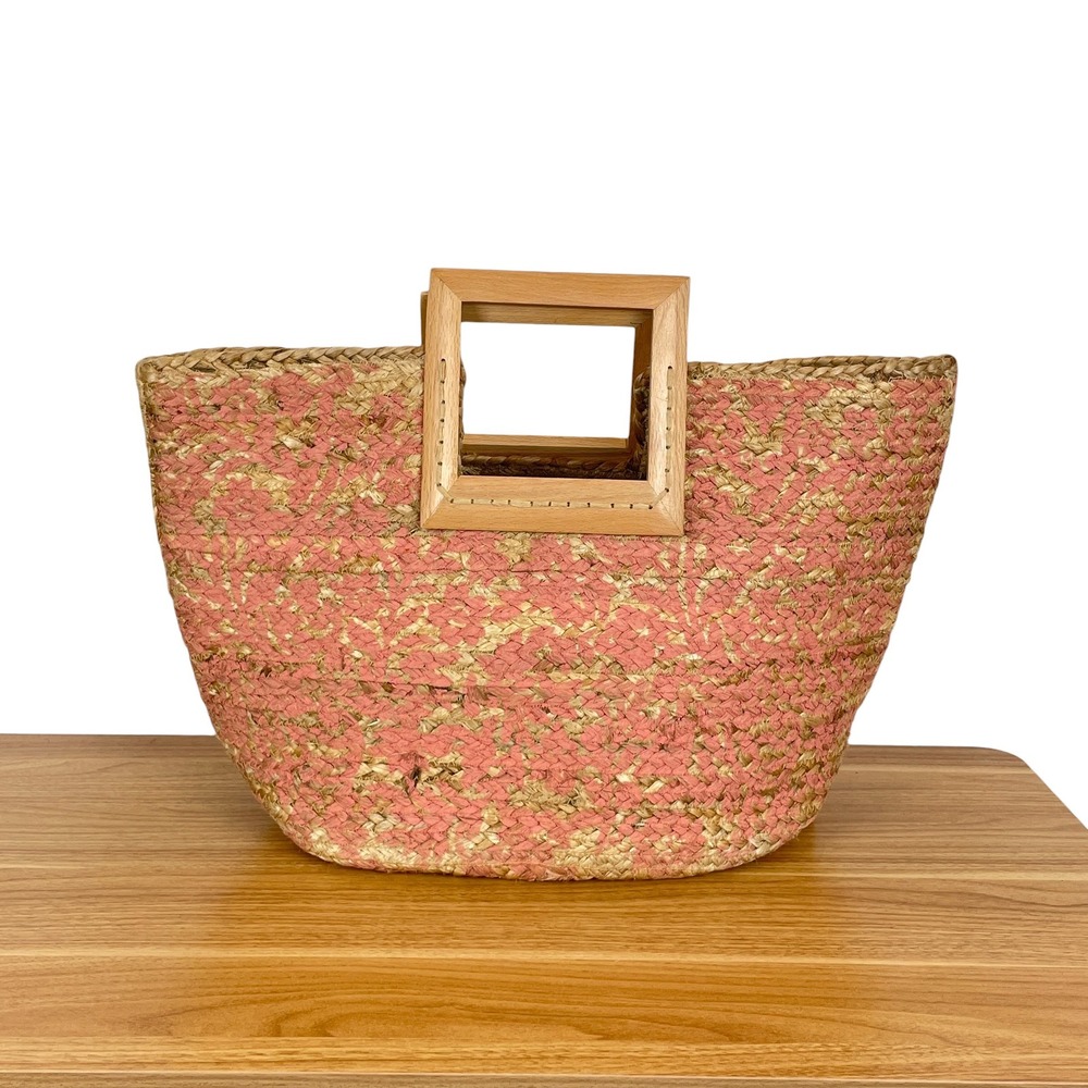 Antik Kraft Pink Woven Jute Tote Bag Square Wood Handle Boho Beach Earthy Market